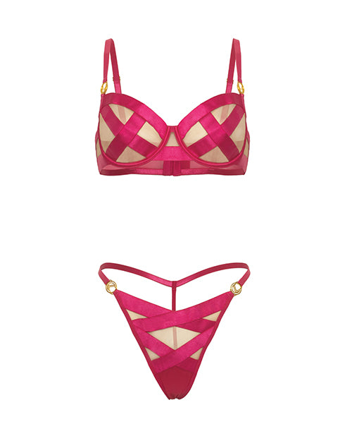 Raelynn Satin Strappy Underwire Bra w/G-String 2 pc Set - Pink Yarrow MD