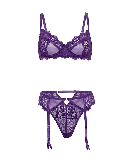 Margo Lace & Mesh Underwire Bra w/Gartered Panty 2 pc Set - Imperial Purple S/M