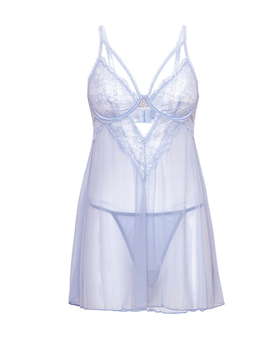 Elsie Lace & Mesh Underwire Babydoll w/G-String 2 pc Set - Brunnera Blue S/M