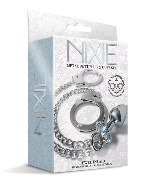 Nixie Metal Butt Plug w/Inlaid Jewel & Cuff Set - Silver Metallic