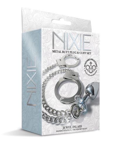 Nixie Metal Butt Plug w/Inlaid Jewel & Cuff Set - Silver Metallic