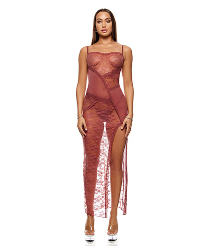 Patch Of Petals Sheer Mesh and Lace Gown w/Thong 2 pc Set - Mauve XL