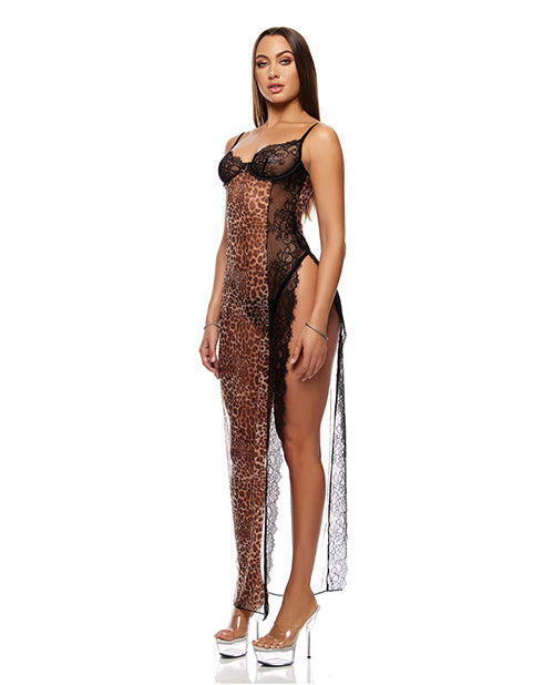 Animal Instincts Sheer Mesh and Lace Gown w/Thong 2 pc Set - Animal MD