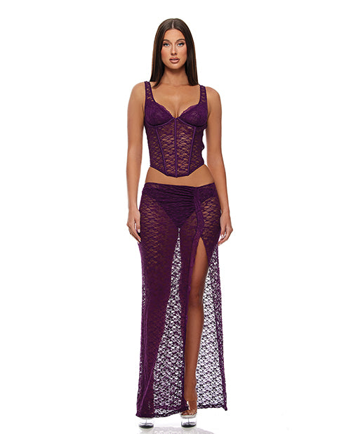 Feel Me Lace Bustier, Panty, & Skirt 3 pc set - Purple XL