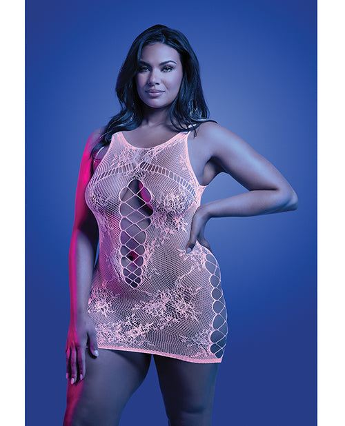 Magnetism Glow-in-the-Dark Lace Knit Dress; Glows Pink - White QN