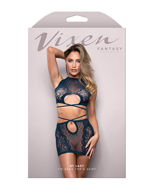 Vixen Floral Lace Knit Tie Back Top w/Skirt 2 pc Set - Navy O/S
