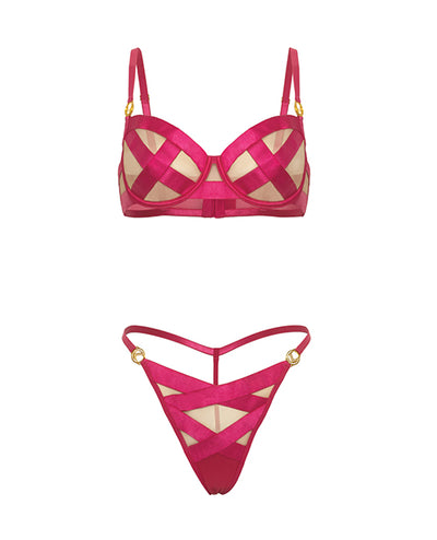 Raelynn Satin Strappy Underwire Bra w/G-String 2 pc Set - Pink Yarrow MD