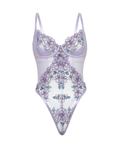 Lavender Embroidered Mesh Underwire Teddy - Lavender XL