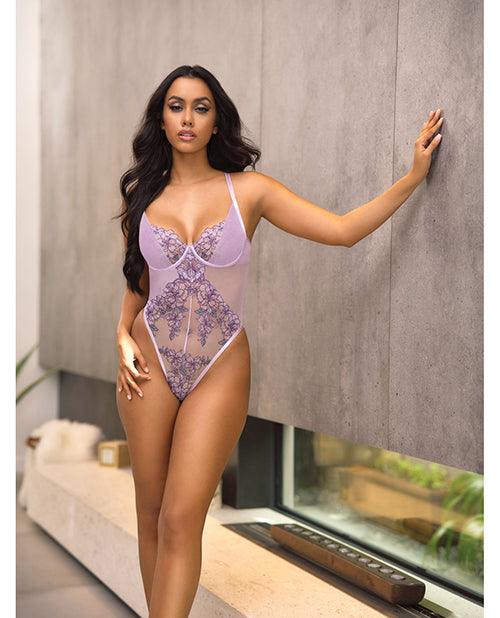 Lavender Embroidered Mesh Underwire Teddy - Lavender XL