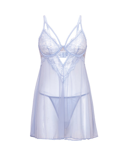 Elsie Lace & Mesh Underwire Babydoll w/G-String 2 pc Set - Brunnera Blue 1X/2X