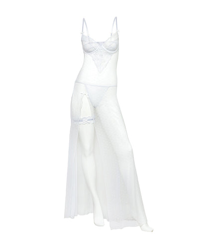 Livia Dot Mesh & Lace Underwire Gown & Garter 2 pc Set - White S/M